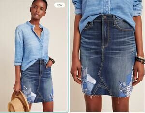 Driftwood Patchwork Stef Mini Skirt Dark Wash Blue Sz 30 Anthropologie